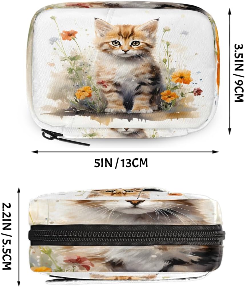 Watercolor Lovely Cat Flower Pill Organizer Travel Medicine Case with Zipper Daily Vitamin Storage Bag Portable 8 Slot Weekly Pill Box Supplement Holder for Home Office Gym Travel