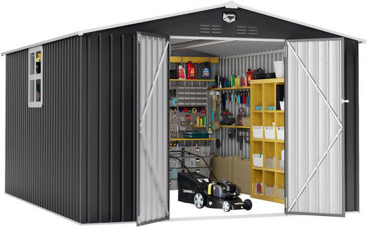 10x12 FT Outdoor Storage Shed, Metal Garden Shed - Tool Storage Sheds with Lockable Doors & 1 Clear Window, Waterproof Outside Storage Building for Backyard, Patio (Black; Floor Not Included)