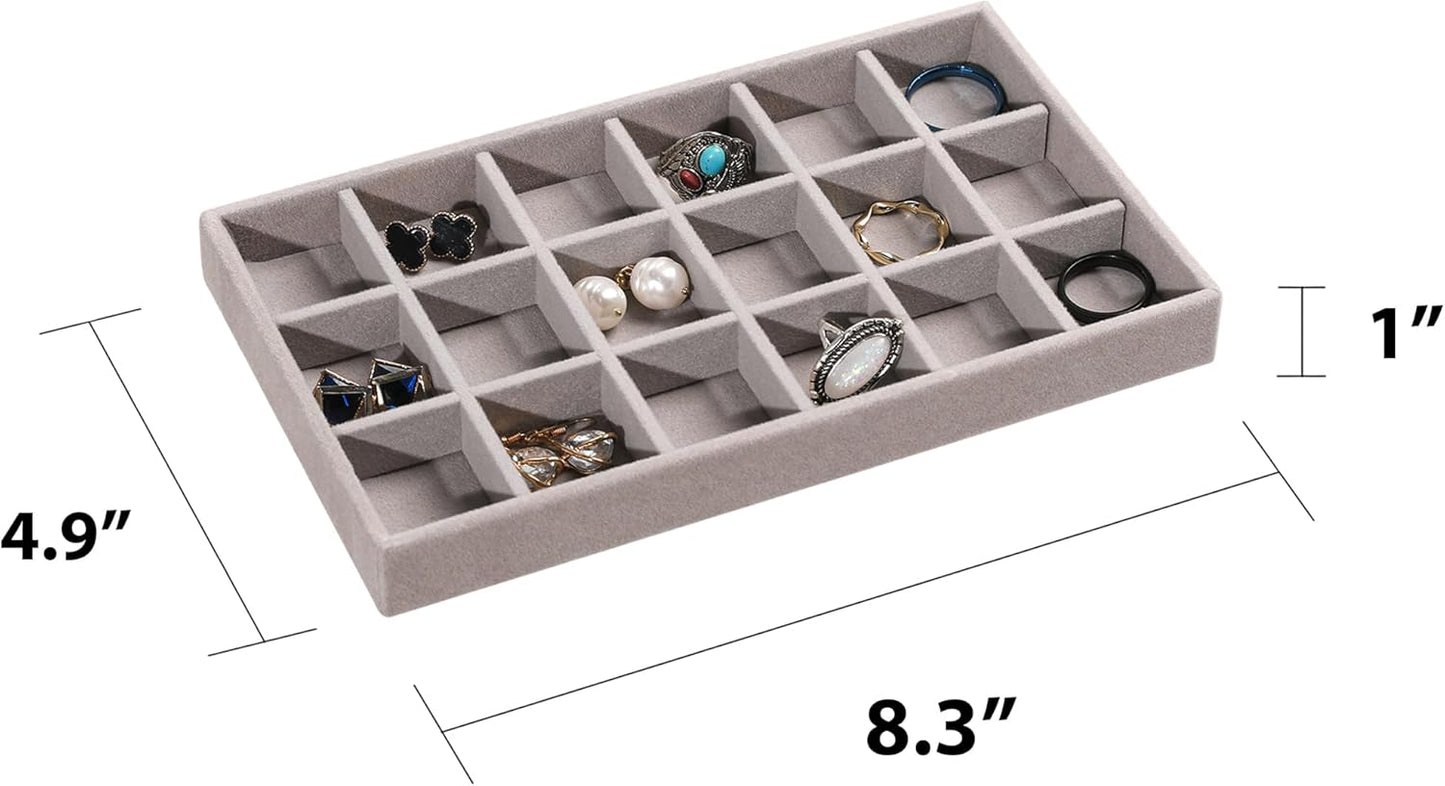Frebeauty Jewelry Organizer Tray,Stackable Velvet Jewelry Trays,Drawer Inserts Earring Organizer For Women Jewelry Storage Display Case for Rings Stud Necklaces,Set of 4(Grey)
