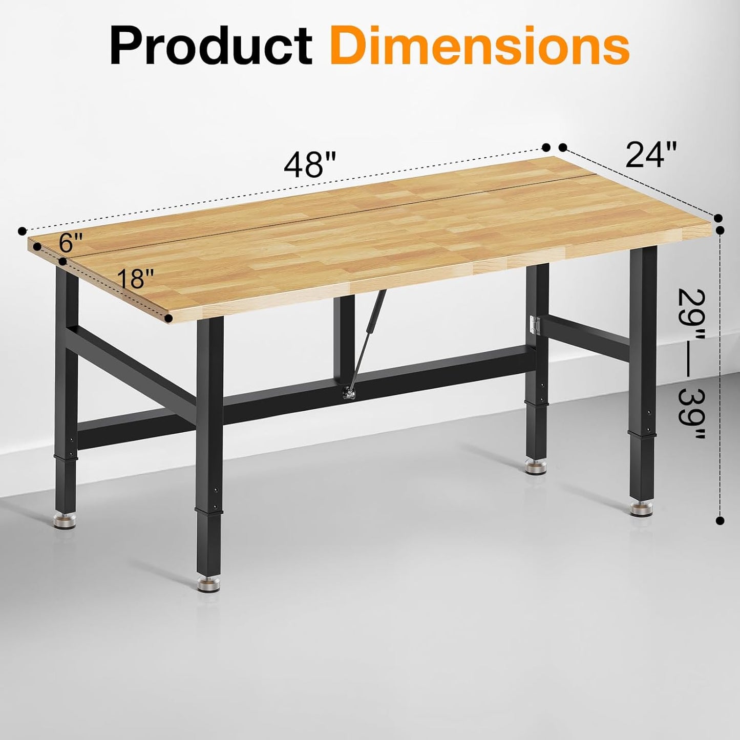 48”Folding Workbench, 2000 LBS Capacity Heavy Duty Workbench, Height Adjustable Foldable Work Table, Rubberwood Collapsible Desk for Workshop, Garage, Office, Home
