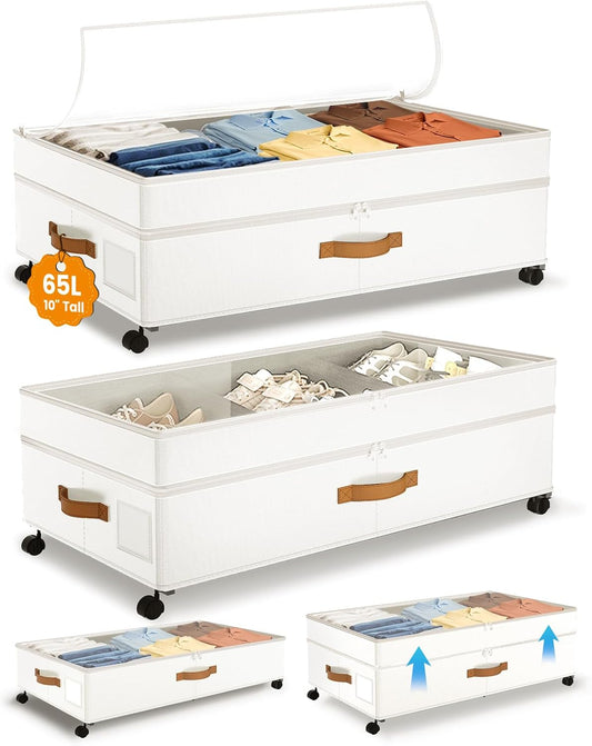 Under Bed Storage with Wheels, 10 inches Under Bed Storage Containers, 65L XXL Large Adjustable Underbed with Lids, Rolling Underbed Storage bins for Shoes, Clothes, Blankets, White