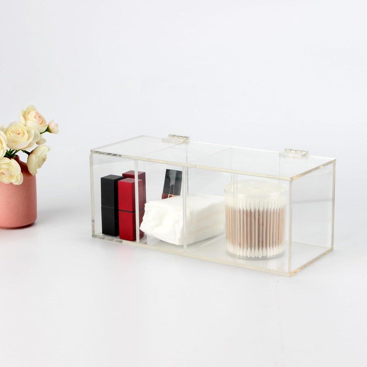 Hair Accessories Organizer for Girl, Acrylic Hair Tie Organizer Scrunchie Holder with Divider for Headband, Hair Clip, Cotton Swab, Cosmetic Cotton, Storage Box with Lid for Jewelry