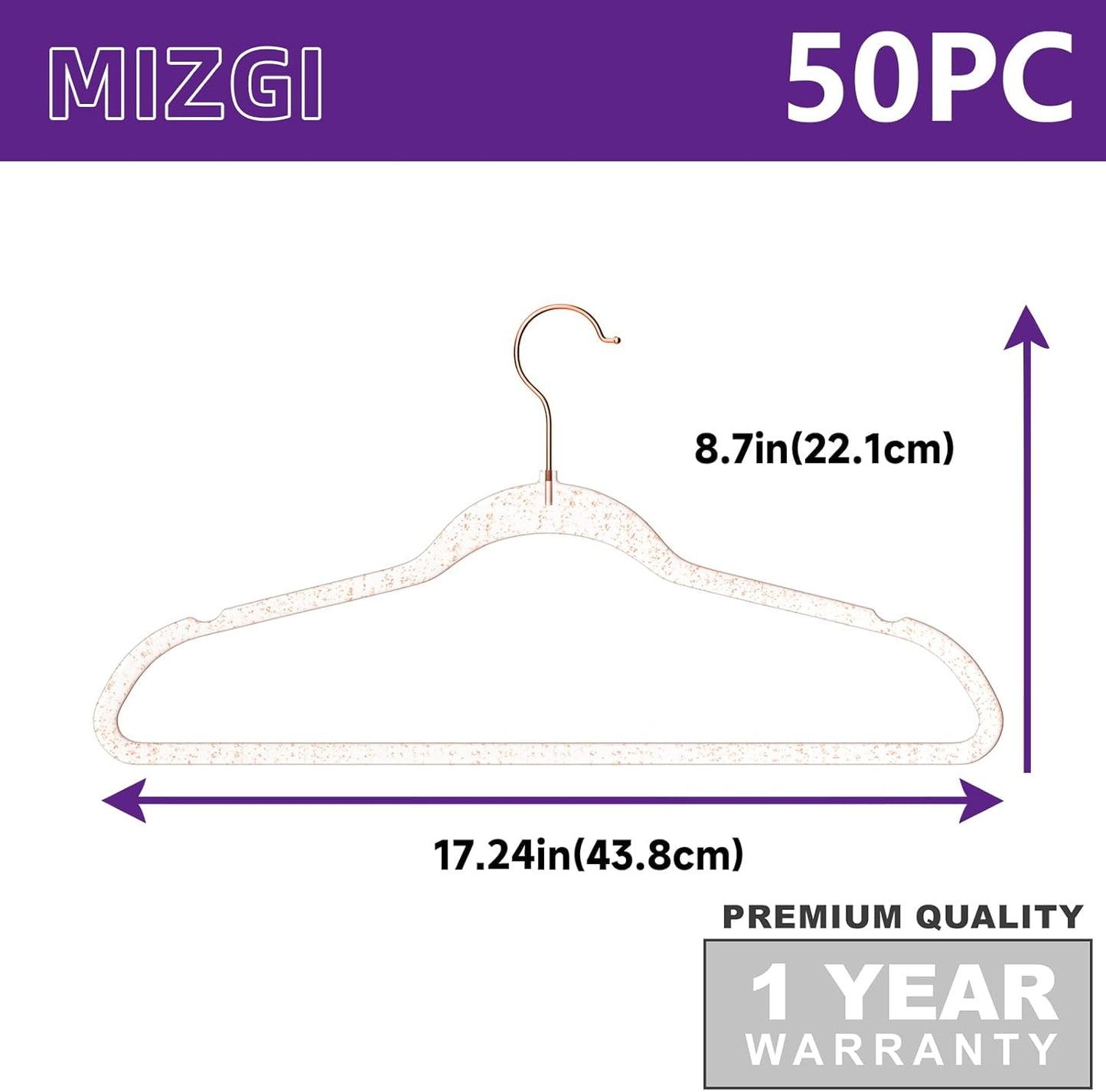 MIZGI Premium Clear Invisible Acrylic Hangers,Crystal Plastic Hangers with Bling Rose Gold Glitter 50 Pack Ultra Slim & Space Saving Suit Hangers for Coats, Pants & Dress Clothes
