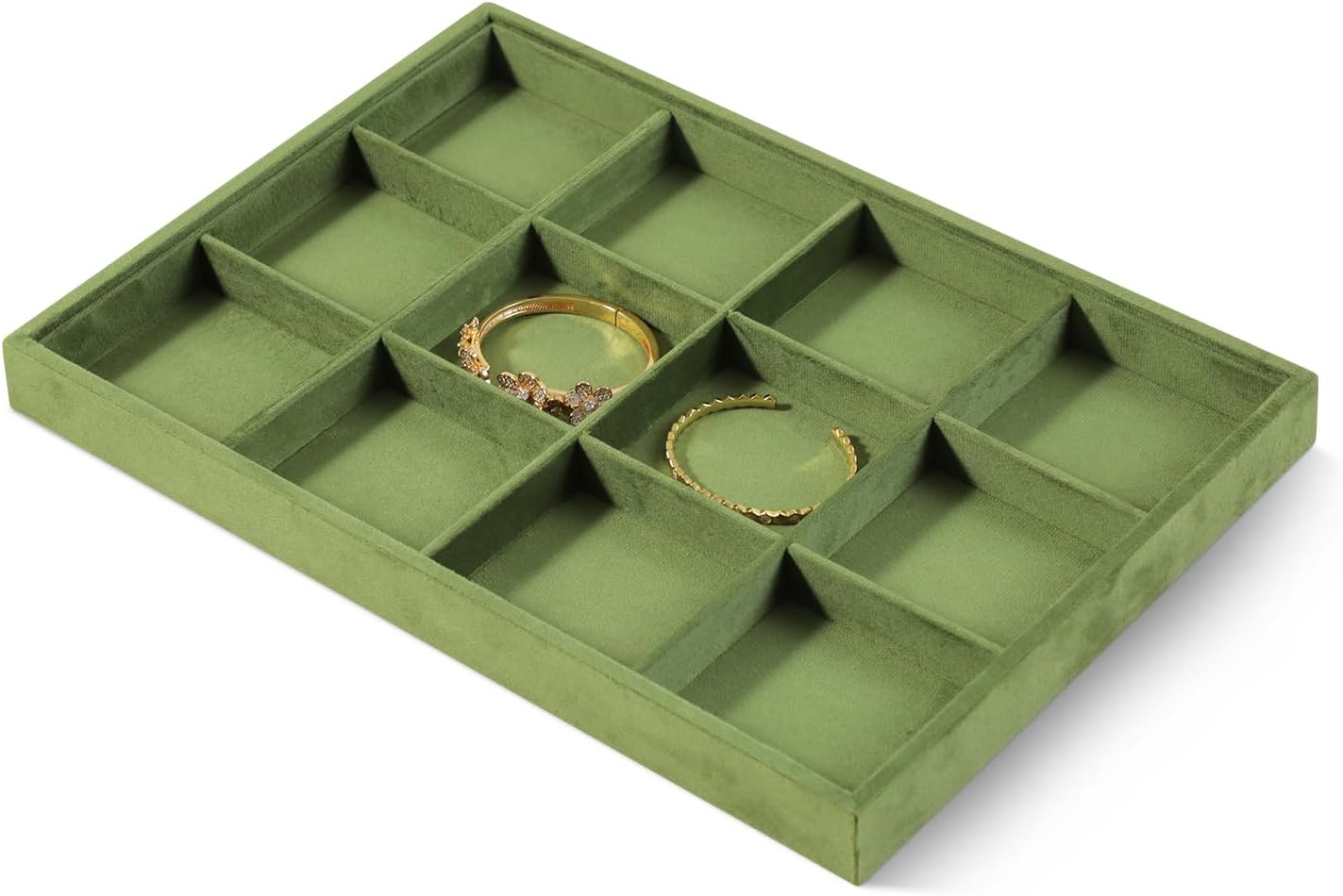 Velvet Stackable Jewelry Display Tray, 12 Grid Watch Bangle Bracelet Storage Tray, Makeup Drawer Insert Jewelry Shop Organizer Plate (Olive Green)
