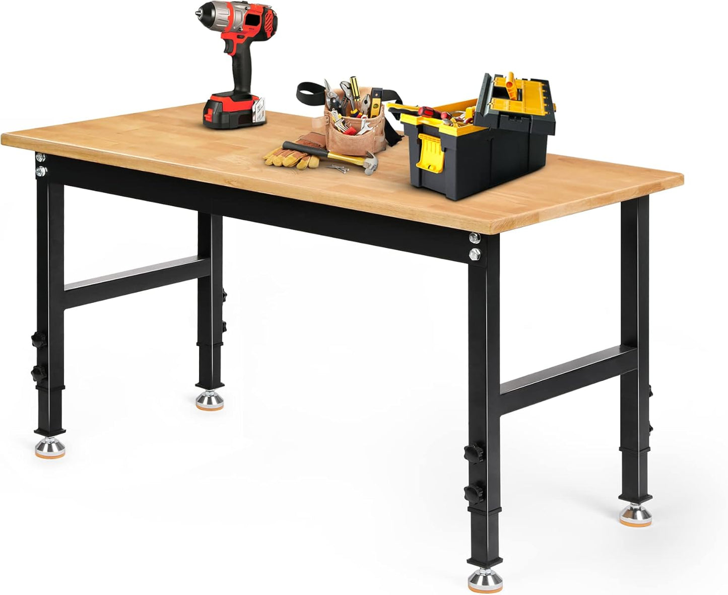 Betterhood 48" Heavy-Duty Adjustable Workbench for Garage, Rubber Wood Shop Table W/Rubber Pads, Hardwood Workstation Weight Capacity Over 2000 Lbs