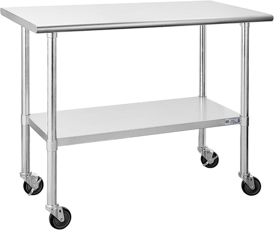 Hally Stainless Steel Table for Prep & Work 24 x 48 Inches with Caster Wheels, NSF Commercial Heavy Duty Table with Undershelf and Galvanized Legs for Restaurant, Home and Hotel
