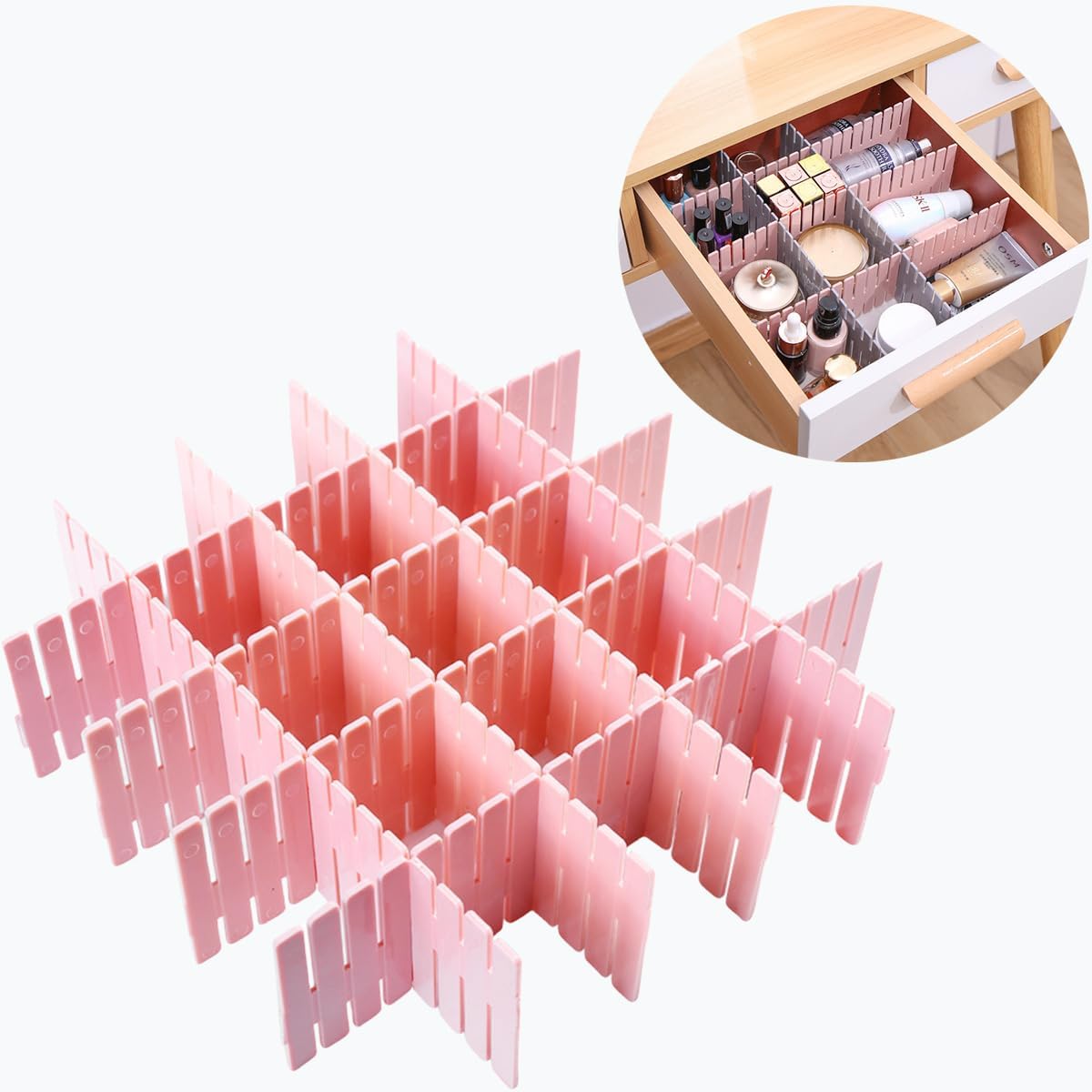 24pcs freely adjustable drawer dividers for organizing messy clothes, cosmetics, stationery, tableware, daily sundries, suitable for kitchen, living room, bathroom, study, office (pink)