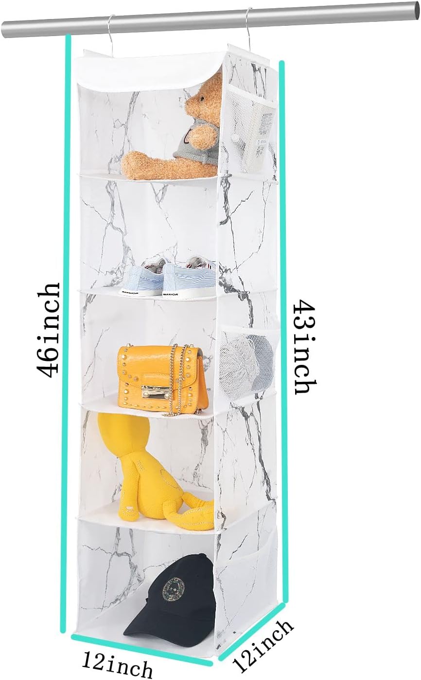 5 Shelves Hanging Closet Organizer, 2 Pack Hanging Storage with 6 Side Pockets for Clothes Shoes, 43"x12"x12"(Marblizing)