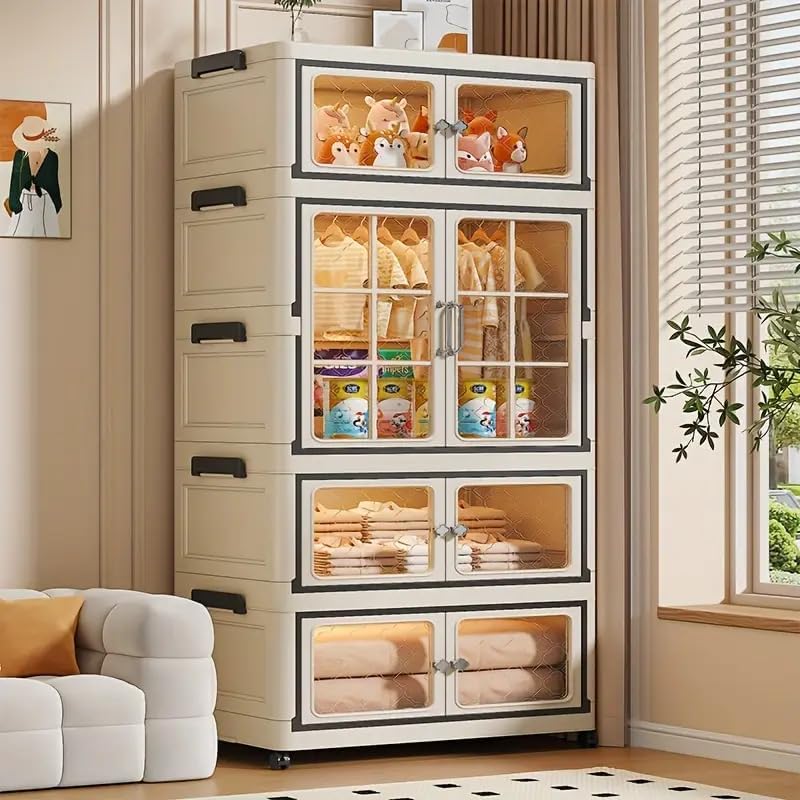 SunSettler Collapsible Plastic Storage Bins with Lid, Stackable Cabinets with Wheels, Folding Storage Cabinets, Stackable Closet Organizers for Home and Office Dorm Organizer Essential