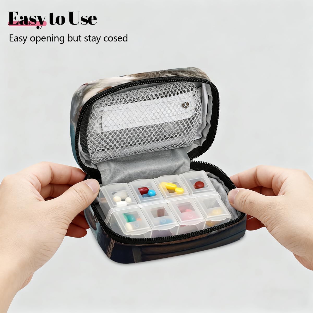 Funny Cats Wooden Boat Pill Organizer Travel Medicine Case with Zipper Daily Vitamin Storage Bag Portable 8 Slot Weekly Pill Box Supplement Holder for Home Office Gym Travel