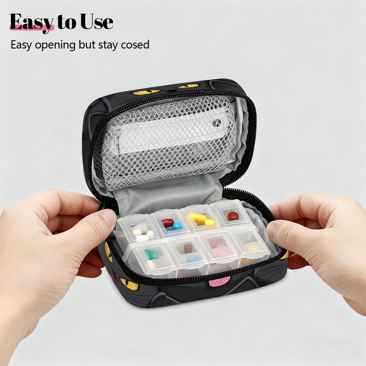Funny Black Cat Pattern Pill Organizer Travel Medicine Case with Zipper Daily Vitamin Storage Bag Portable 8 Slot Weekly Pill Box Supplement Holder for Home Office Gym Travel