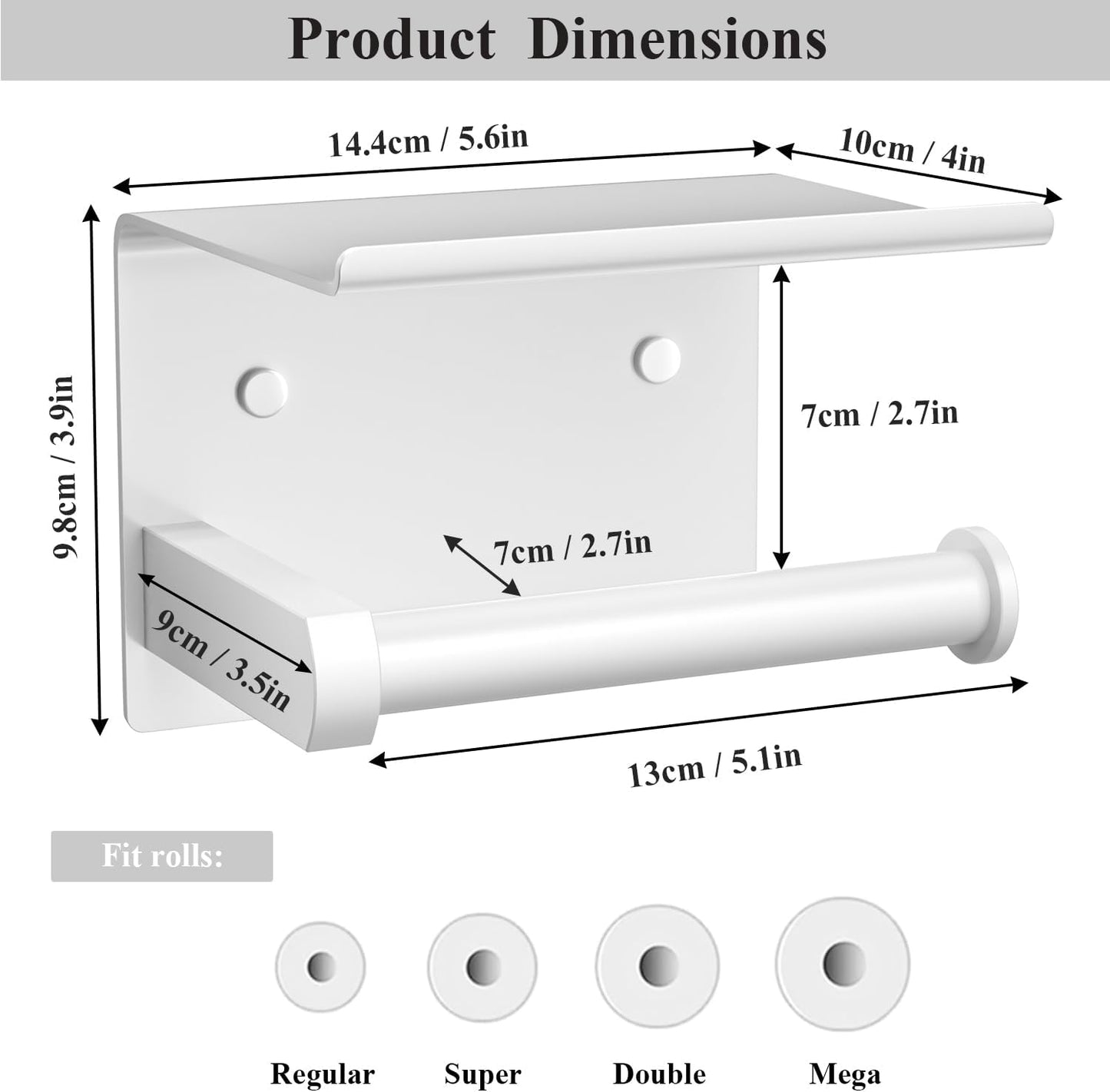 Tindbea Toilet Paper Holder with Phone Shelf, Adhesive or Screw Wall Mount Toilet Tissue Roll Holder, Rustproof & Multifunctional Stainless Steel Bathroom Storage Dispenser (White)
