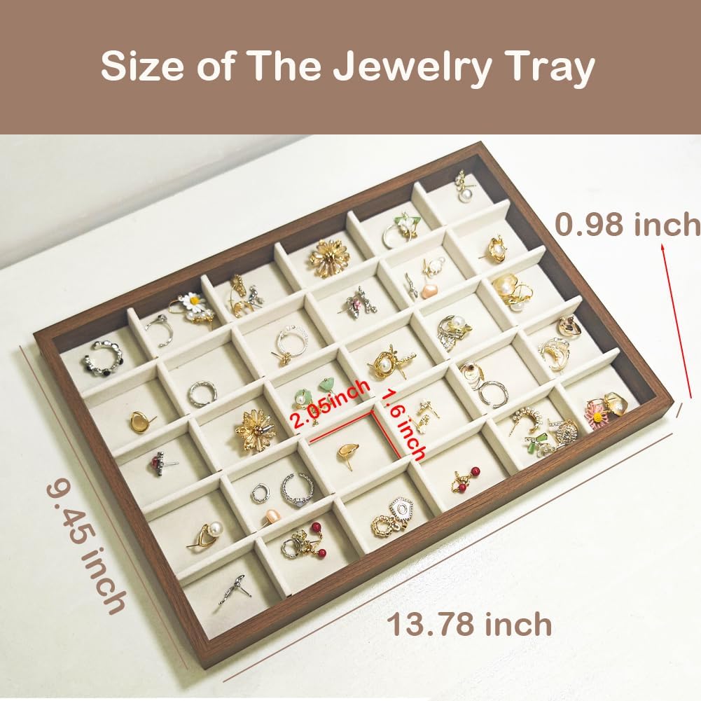 Large Jewelry Trays for Drawers Stackable Velvet Jewelry Display for Vendors Jewelry Drawer Organizer Inserts for Rings Necklace Bracelets Earrings and Studs Earrings (Beige, 30 Grid)