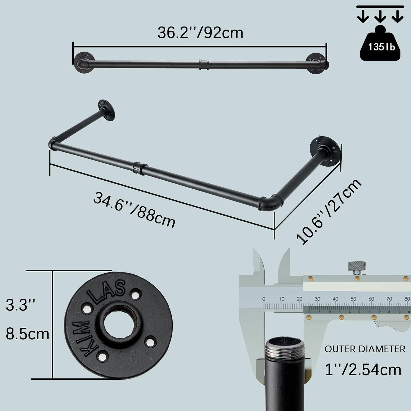 Clothes Rack Wall Mount with 3 Hooks, 36''L Clothing Bar for Wall, Industrial Pipe Clothes Rod, Heavy Duty Iron Garment Rack, Clothes Hanging Rod Bar for Laundry Room Closet Storage