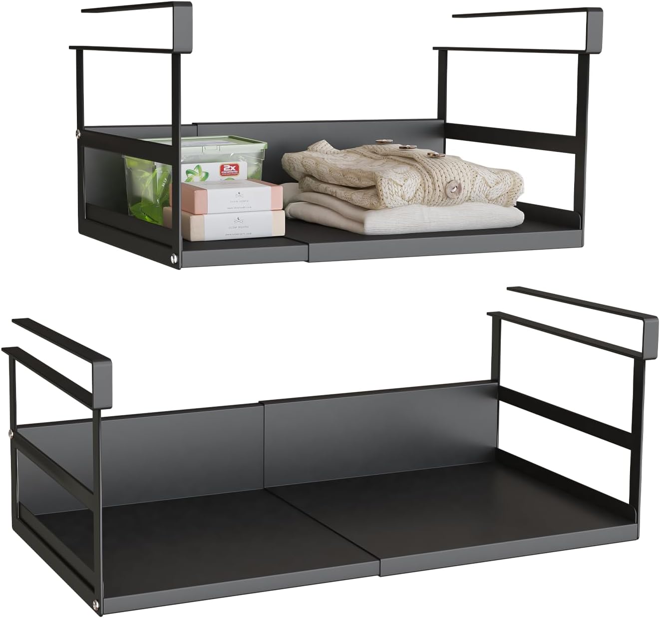 Expandable Under Cabinet Shelf Organizer with 1.25 Inches Thick Clips, Heavy Duty Extendable Under Shelf Storage Basket for Pantry or Laundry Room, Black, 2 Pack, Interior: 5.7" H x 8.54" D