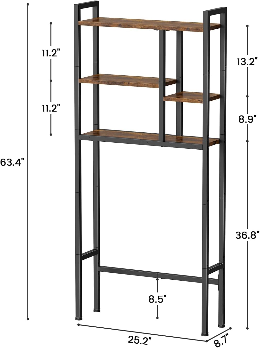 Over-The-Toilet Storage Rack, 3-Tier Bathroom Shelves Over Toilet, Above Toilet Storage, Behind Toilet Bathroom Organizer, Space Saver, Freestanding, Rustic Brown