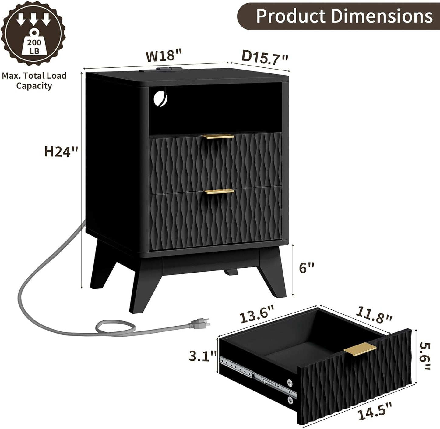 Fluted Nightstand with Charging Station, 18" Modern End Table with Storage Drawers, Bedside Table for Bedroom (Black)