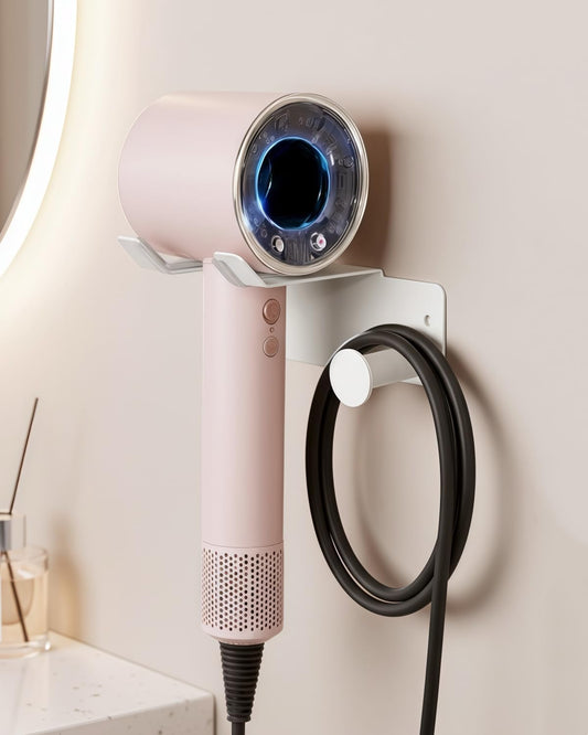 Hair Dryer Holder, Stainless Steel Blow Dryer Holder Self Adhesive, Dyson Hair Dryer Holder Wall Mounted Compatible with Dyson, Hairdryer Holder for Bathroom White PTALSEAW