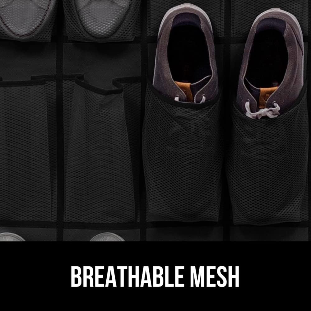 GORILLA GRIP Over the Door Shoe Organizer, 12 Large Breathable Mesh Pockets, Space Saving Hanging Storage Holder, 2 Hook Closet Rack Hanger, Hangs on Closets for Shoes, Accessories, 64H x 9.5W Black