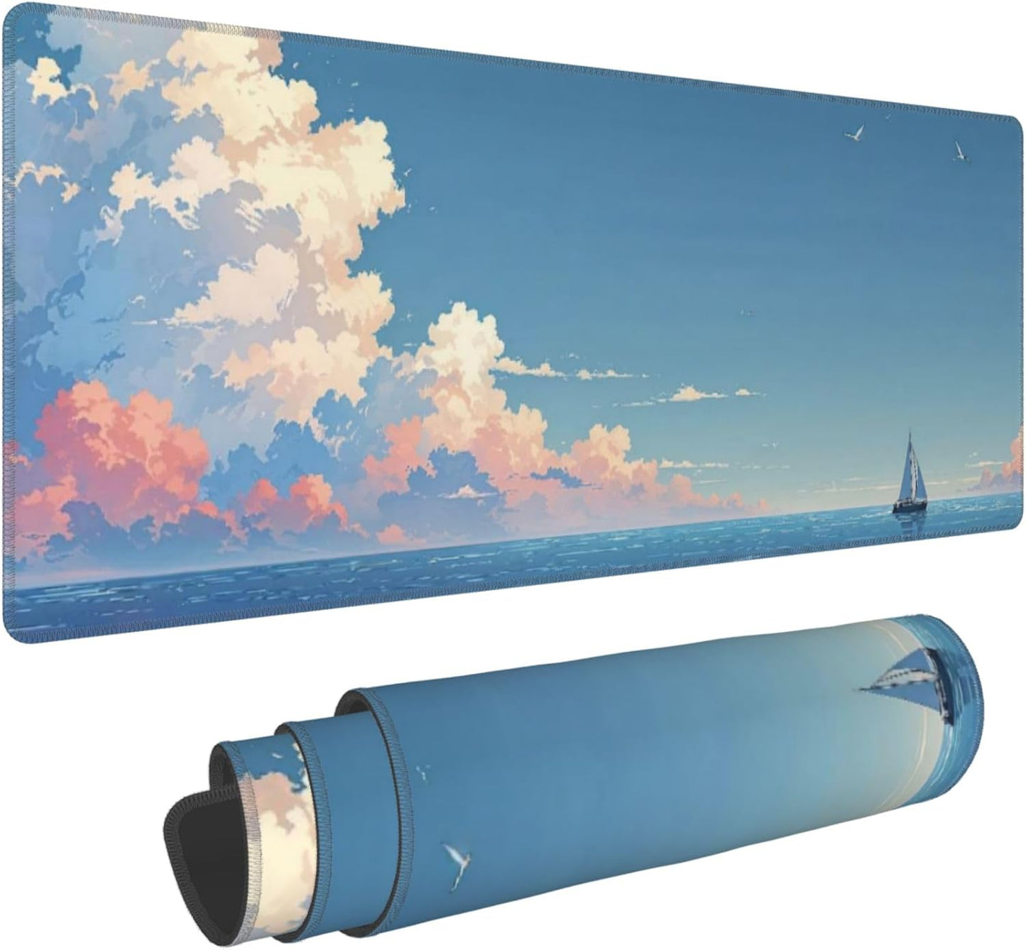 Blue Sky Ocean Large Mouse Pad, Anime Style Gaming Desk Mat, XL Keyboard Desk Pad Mat for Desktop, 31.5"x11.8" Non-Slip Base Big Mousepad with Stitched Edges