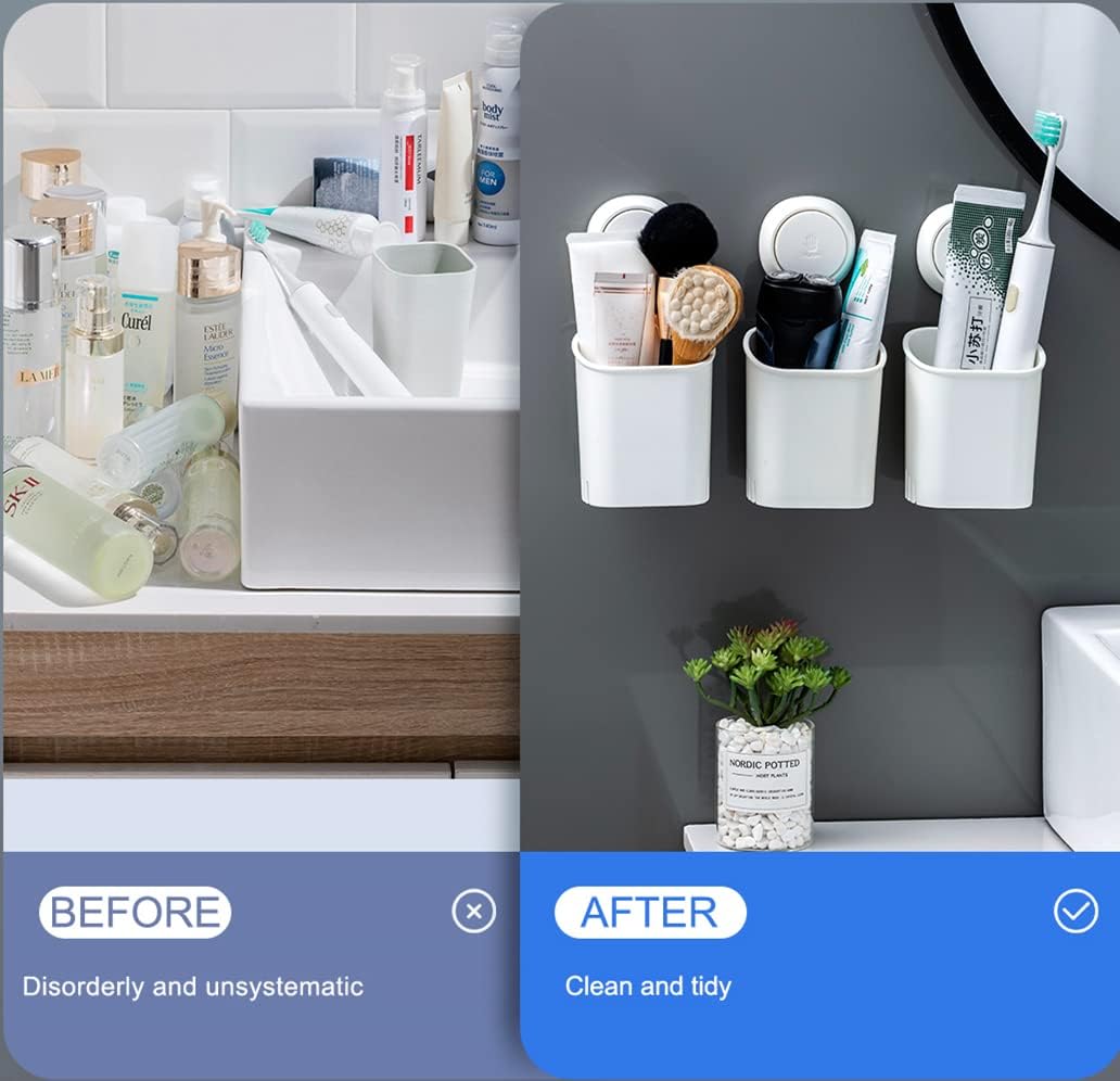 LEVERLOC Powerful Suction Cup Toothbrush Holder, Drill-Free Wall Shower Holder for Toothbrush, Toothpaste, Razor, Removable Suction Cup in Shower, Self-draining Kitchen Tableware Organizer, White