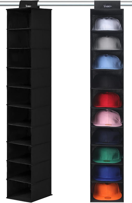 VAESIDA Hat Rack for Closet, 10 Shelf Hanging Hat Organizer for Baseball Caps Storage, Hat Holder Organizer for Hat Display, Best Space Saving Hat Racks for Baseball Cap Organizer, Black