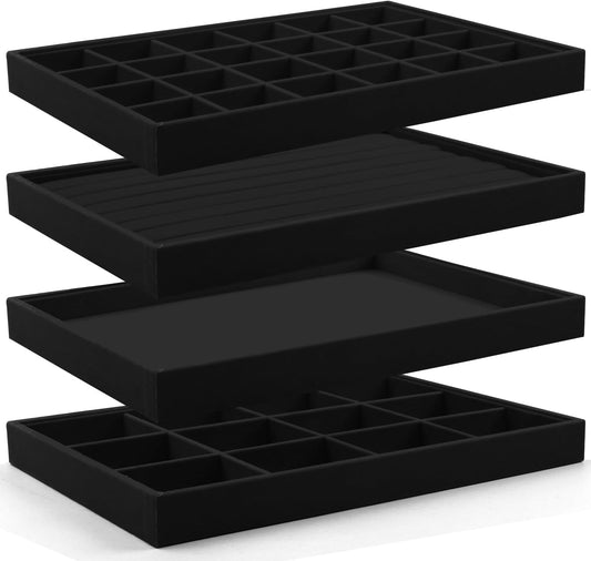 Lainrrew Jewelry Tray, 4 Pack Jewelry Organizer Velvet Jewelry Tray Stackable Jewelry Trays, Necklace & Earring Holder, Divided Bracelet & Ring Storage, 13.8"x9.5"x1.2" - Elegant Display Case (Black)
