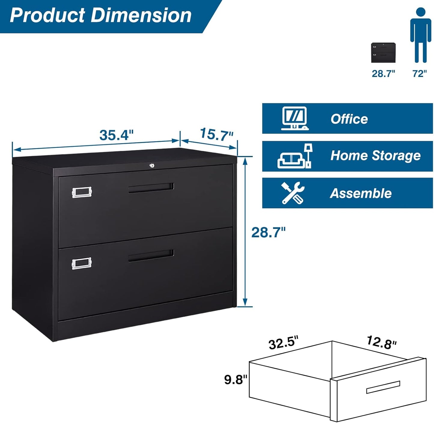 2 Drawer File Cabinet, Lateral Filing Cabinets for Home Office, Office Storage Drawers with Lock, Hanging Files Legal/Letter A4 Size (Assemble Required,Black)