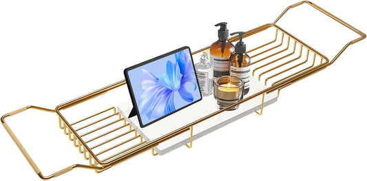 BVL Bathtub Tray Stainless Steel with Marble Base Gold Bathtub Tray with White Marble Base Adjustable & Rustproof Bath Caddy for Spa, Relaxation, Bath Bombs
