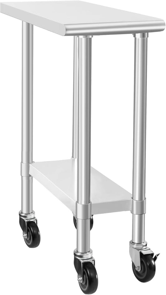 HARDURA Stainless Steel Commercial Table Prep & Work Table with Casters Heavy Duty Metal Table with Wheels NSF 430 30×12 Inches
