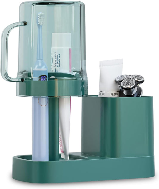 Toothbrush Holder with Cup/Cover Contains 2 Slots, Bathroom Counter Organizer for Electric Toothbrush, Toothpaste, Razors & Small Comb, Tooth Paste Holder for Home Hotel Countertop, Green
