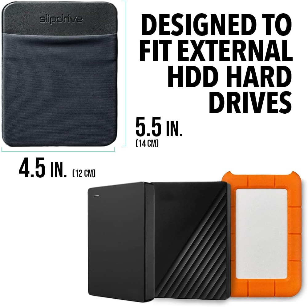 Slipdrive - Portable Hard Drive Sleeve for Laptop - HDD Hard Disk Drive - Reusable Adhesive - 5.5” x 4.5” Stick on External Hard Drive Carrying Case - Travel Pocket Pouch (Large, Black)