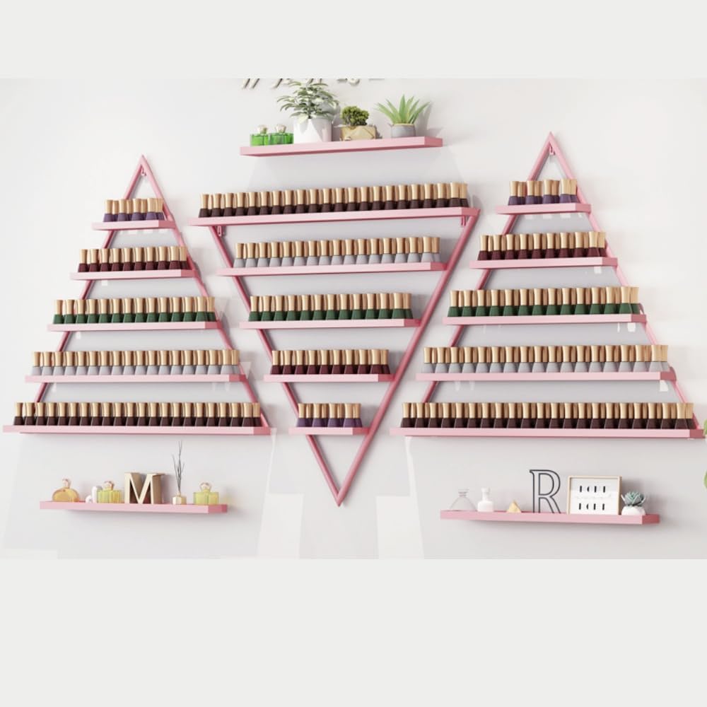 Elegant Gold Wall Mounted Nail Polish Rack - Set of 6 Triangular Cosmetic Display Shelves for Essential Oil Bottles, Organize Your Lipsticks and Perfumes in Style at Home or Salon (Pink)