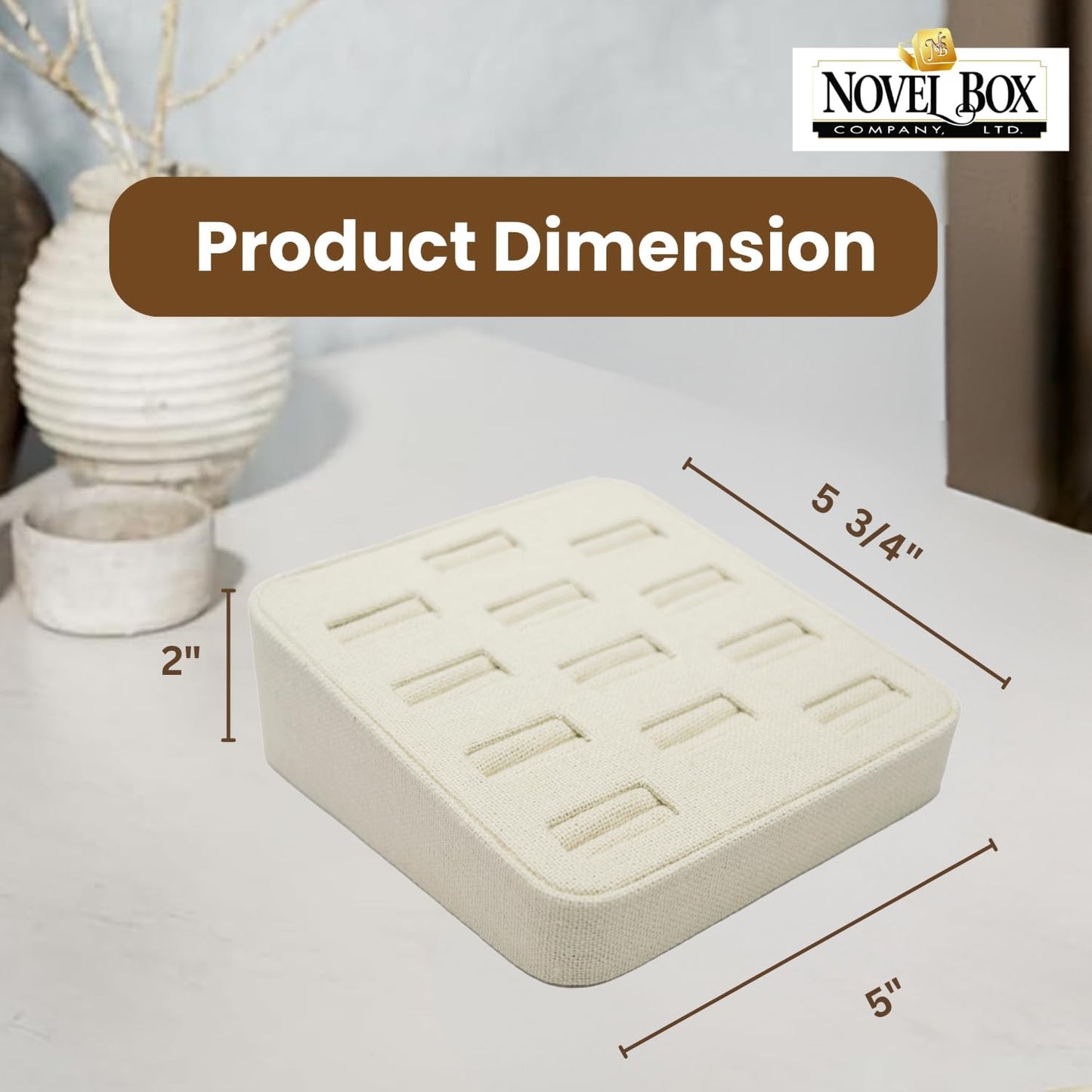 Novel Box 12-Slot Beige Linen Rings/Earrings/Cufflinks Holder Tray 5.75x5x2 Inches - Ring Holder Organizer for Selling or Personal Use - Jewelry Display Trays for Special Occasions