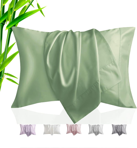 TELUS Pillow Cases Standard Size 2 Pack, Bamboo Rayon & Lyocell Pillowcase with Envelope Closure, Cooling Breathable Pillow Cover for Hot Sleeper & Night Sweats, 20x26 inch, Sage Green