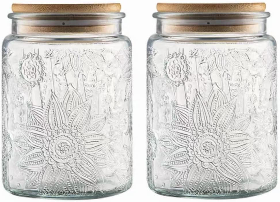 ANSQU 2 Pack Vintage Glass Storage Jar, 23.7 FL OZ Glass Food Storage Containers with Bamboo Lid, Candy Jars with Lids for Kitchen Counter, Pantry, Coffee, Tea, Sugar