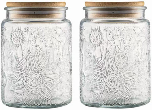 ANSQU 2 Pack Vintage Glass Storage Jar, 23.7 FL OZ Glass Food Storage Containers with Bamboo Lid, Candy Jars with Lids for Kitchen Counter, Pantry, Coffee, Tea, Sugar