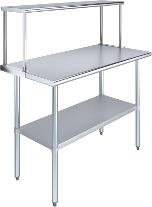 Stainless Steel Work Table with Wide Single Tier Overshelf | Metal Kitchen Prep Table & Shelving Combo (24" x 48" Work Table + 12" Overshelf)
