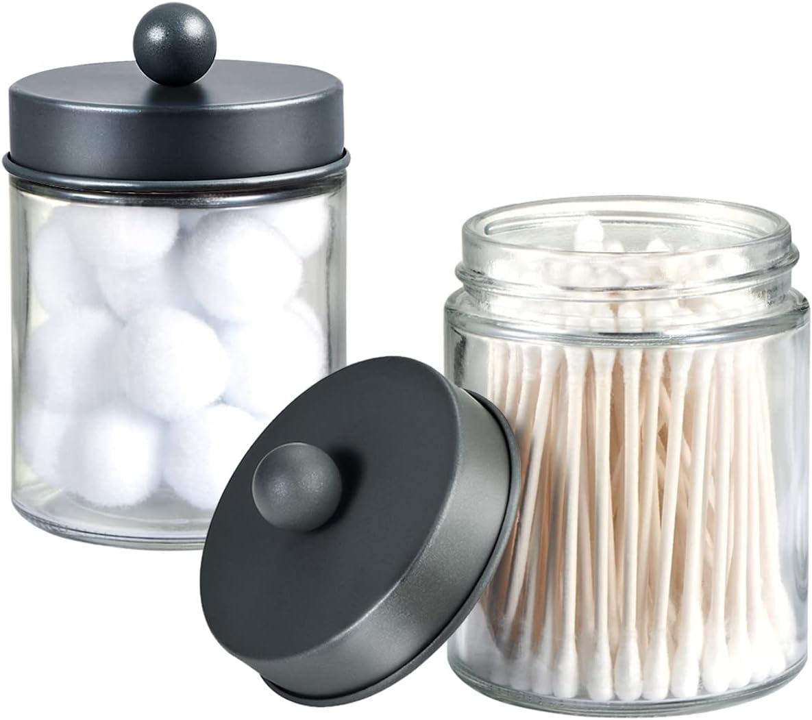 Amolliar Apothecary Jars Bathroom Storage Organizer - Cute Qtip Dispenser Holder Vanity Canister Jar Glass with Lid for Cotton Swabs,Rounds,Bath Salts,Makeup Sponges,Hair Accessories/Grey（2 Pack）