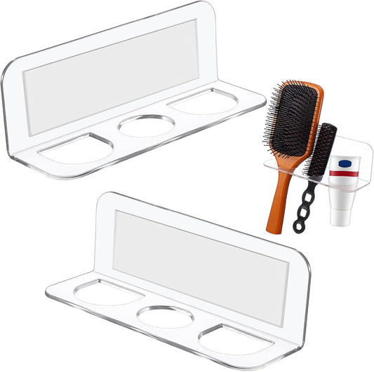 2pcs Acrylic Hair Brush Holder for Bathroom Adhesive Hair Tool Organizer Transparent Wall Mounted Comb Holder Organizer with 3 Holes No Drilling for Combs, Curling Irons, Flat Irons
