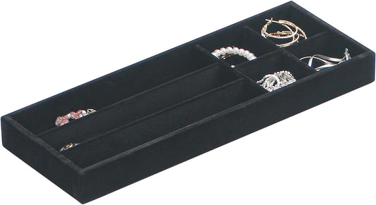 Divided Drawer Organizer Tray, Velvet Jewelry Storage Tray, Necklace Bracelet Ring Earring Display Tray,Bedside Nightstand Desk Holder Tray for Phone Watch Sunglasses Cosmetics Storage/Black/7grid