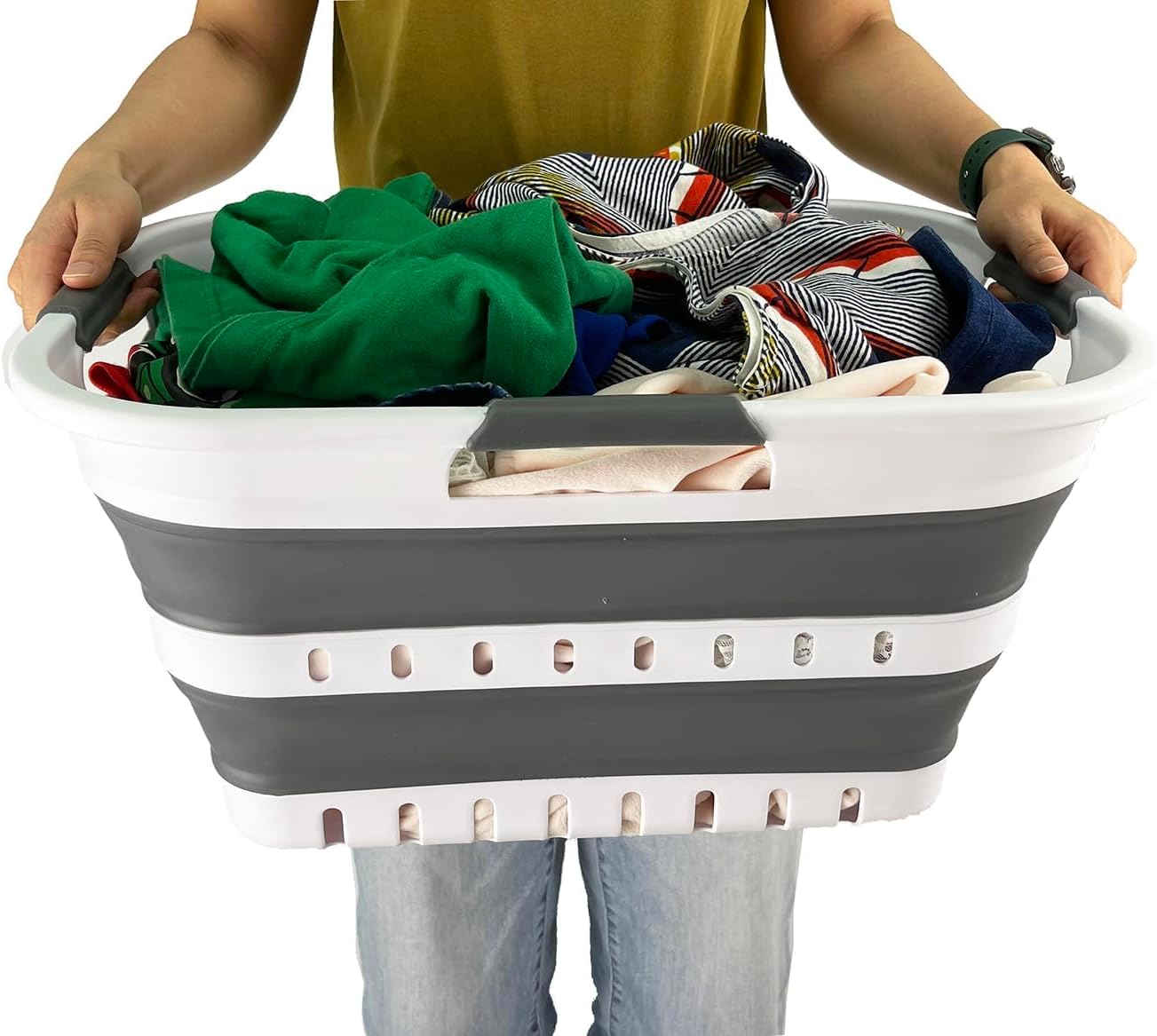 SAMMART Collapsible Plastic Rectangular Laundry Basket - Foldable Pop Up Storage Container/Organizer - Portable Laundry Hamper - Space Saving (White/Steel Grey, 30L)