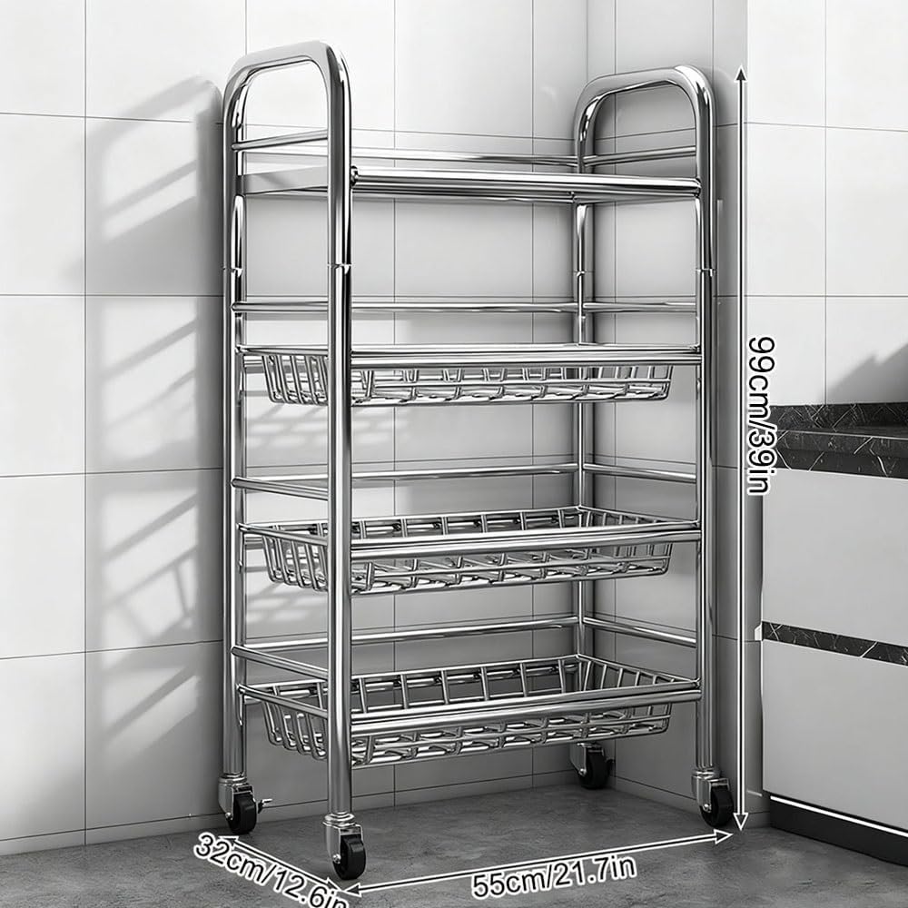 304 Stainless Steel Rolling Cart, Utility Kitchen Storage Carts with Wheels, Metal Kitchen Island, Storage Cart for Dining Room, Room, Laundry Room