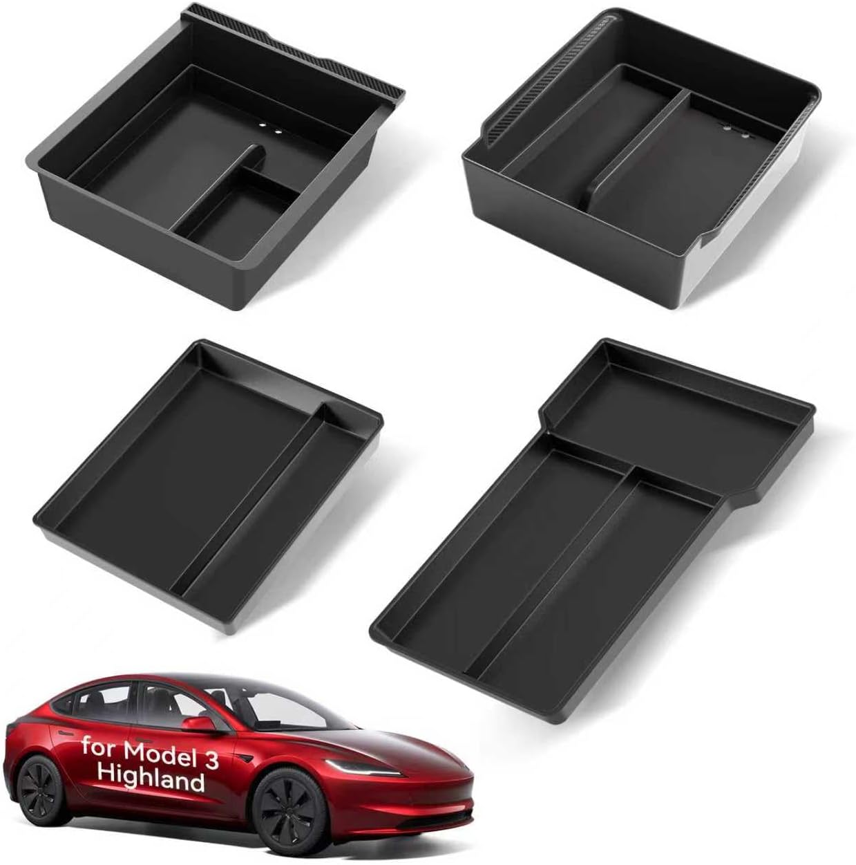 2025 Upgrade Center Console Organizer Tray for Tesla Model 3 Highland Accessories 2024 2026, Divided Storage Double Layer Space Slide smoothly - 4 PCS, Black