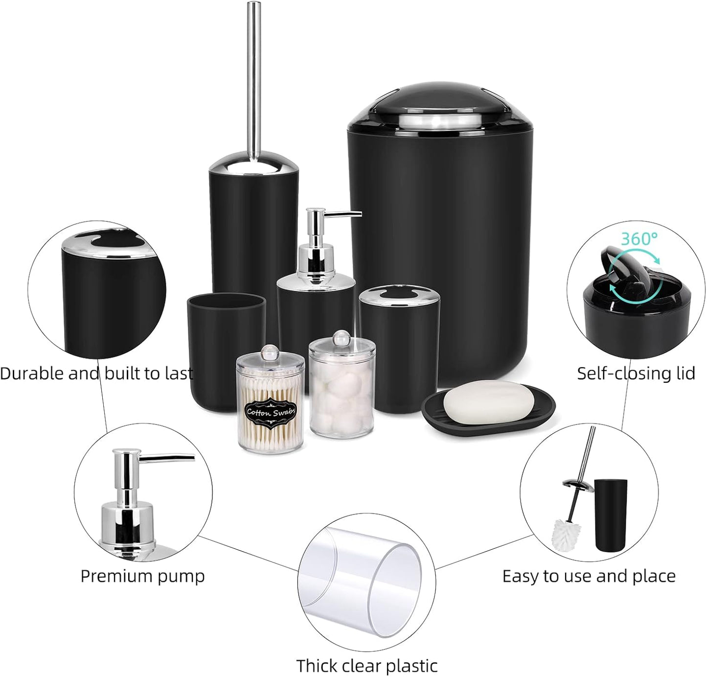 IMAVO Bathroom Accessories Set,Black Bathroom Set,9 Pieces Bathroom Accessory Set,Tray,Qtip Holders,Toilet Brush,Trash Can for Bathroom Décor and Home Gifts