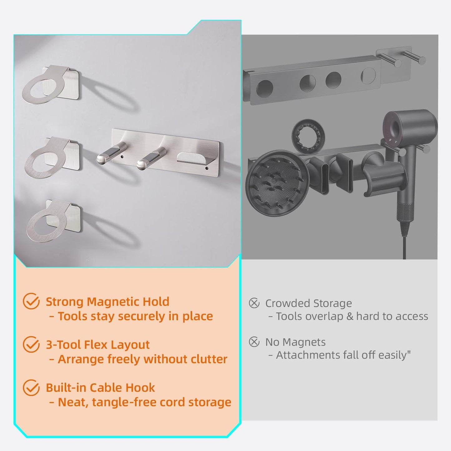 Hair Dryer Holder, Hair Dryer Holder Wall Mount for Supersonic/Nural & Attachments. Stainless Steel Hair Dryer Stand with Magnetic Rings. Hair Tool Organizer for Bathrooms Silver BANJEKT