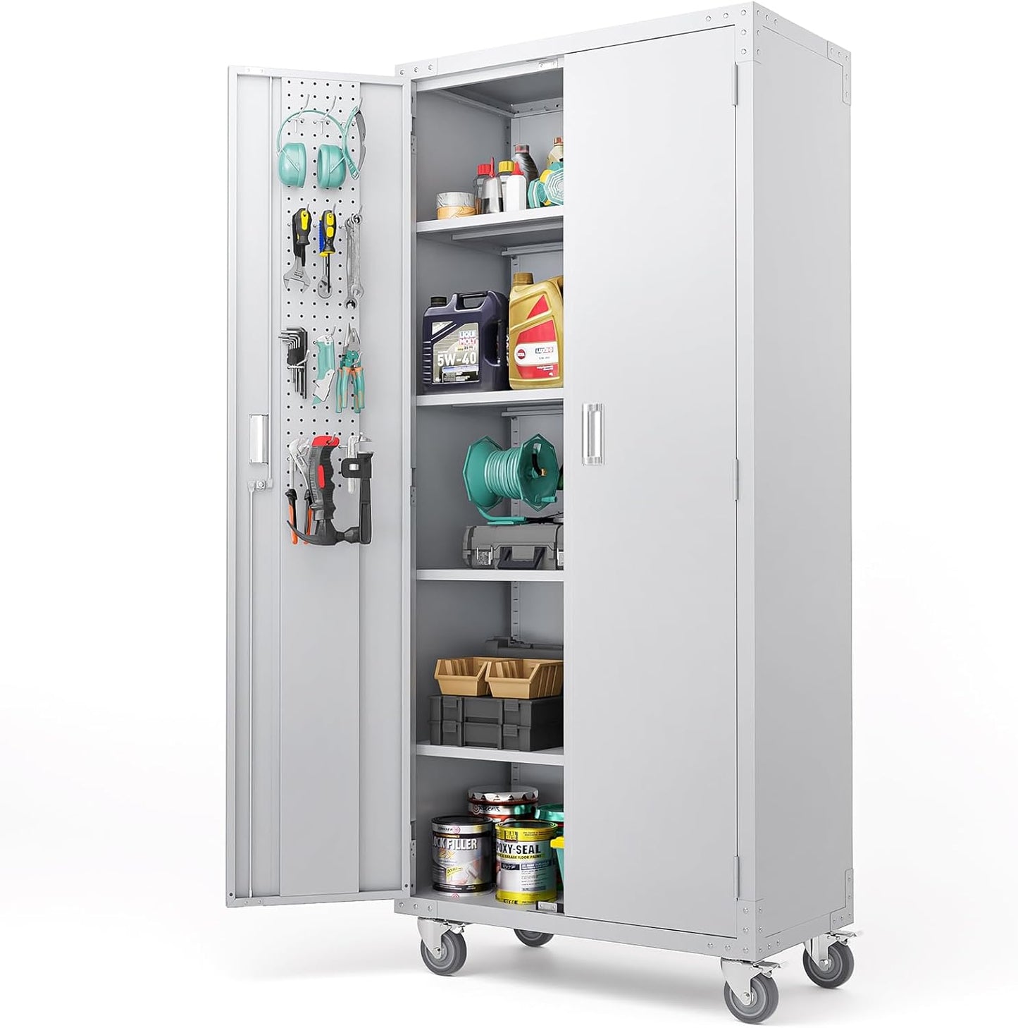 VINGLI 72'' Tall Garage Storage Cabinet, Metal Storage Cabinet with Pegboards, Wheels, Locking Doors and Adjustable Shelves (Gray, 32''W x 16''D x 72''H)