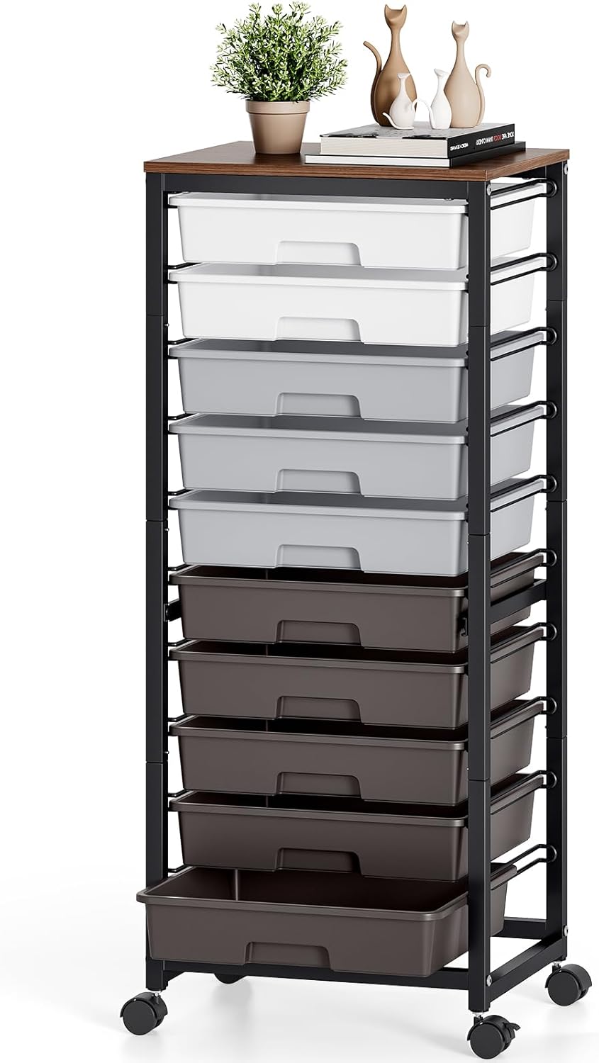 Rolling Cart with Drawers,10 Drawer Rolling Cart,Storage Cart,Utility Cart,Teacher Cart for Classroom Storage,Craft Cart with Wheels and Wooden Tabletop,Grey