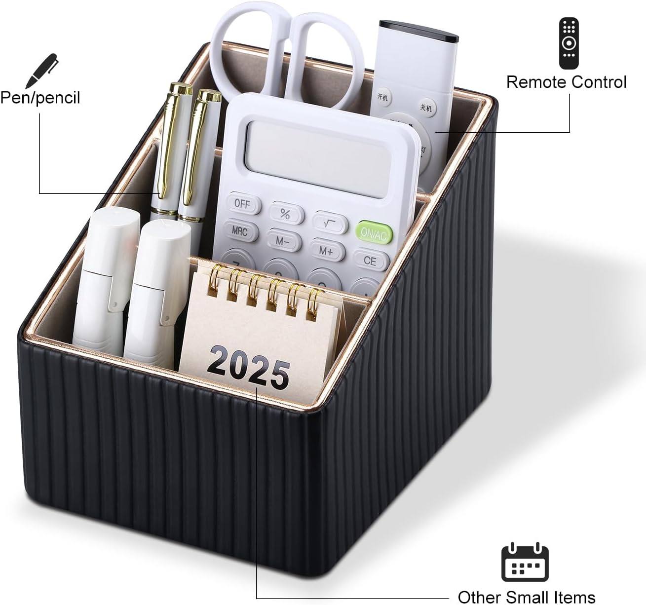KINGFOM 3 Slot PU Leather Remote Controller Holder, Home Sundries Storage Box, TV Guide/Mail/CD Organizer/Caddy/Holder with Free Cable Desk Organizer (Black Striped)