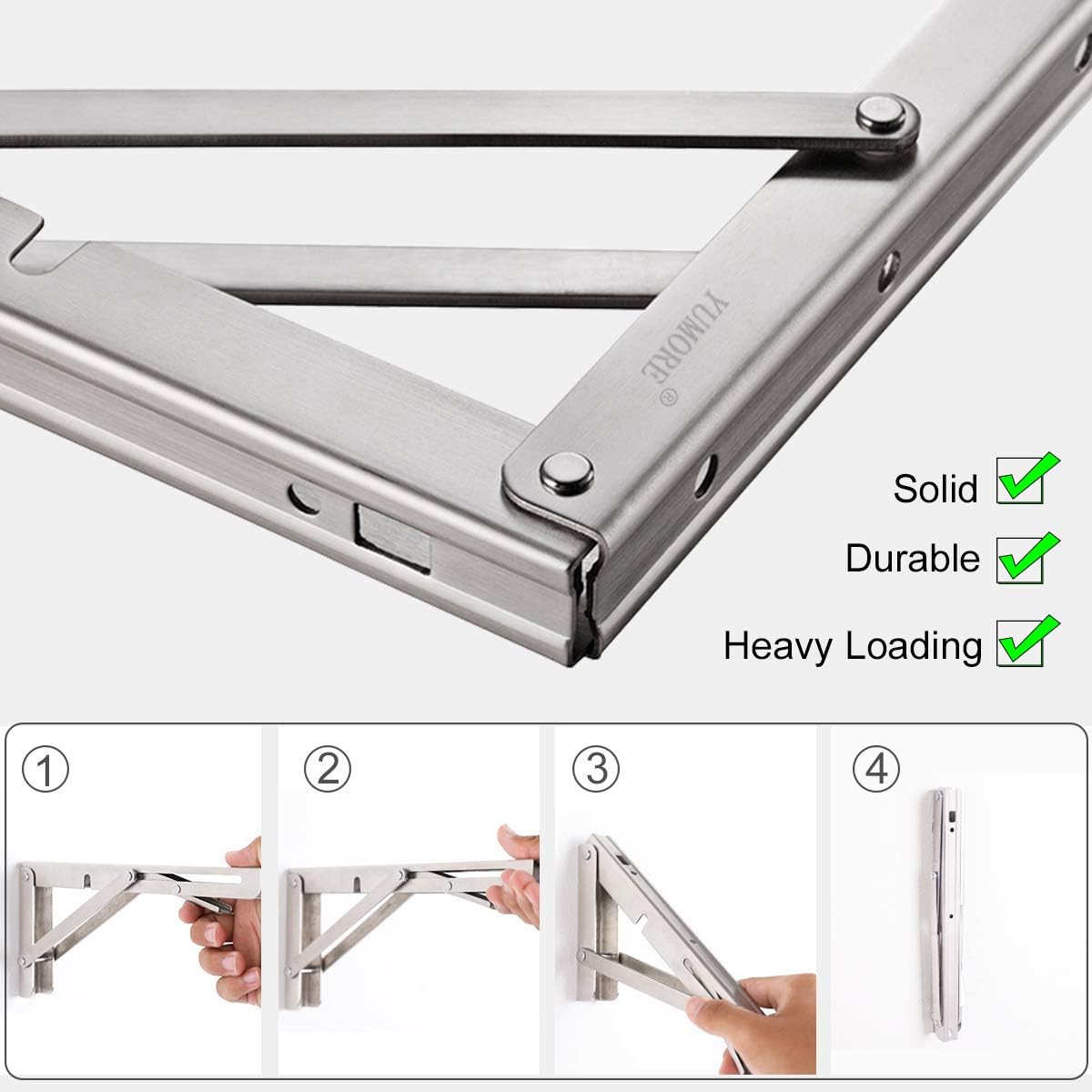 YUMORE Folding Shelf Brackets 16 Inch, Max Load: 330lb Heavy Duty Stainless Steel Collapsible Shelf Bracket for Table Work Bench, Space Saving DIY Bracket, Pack of 2